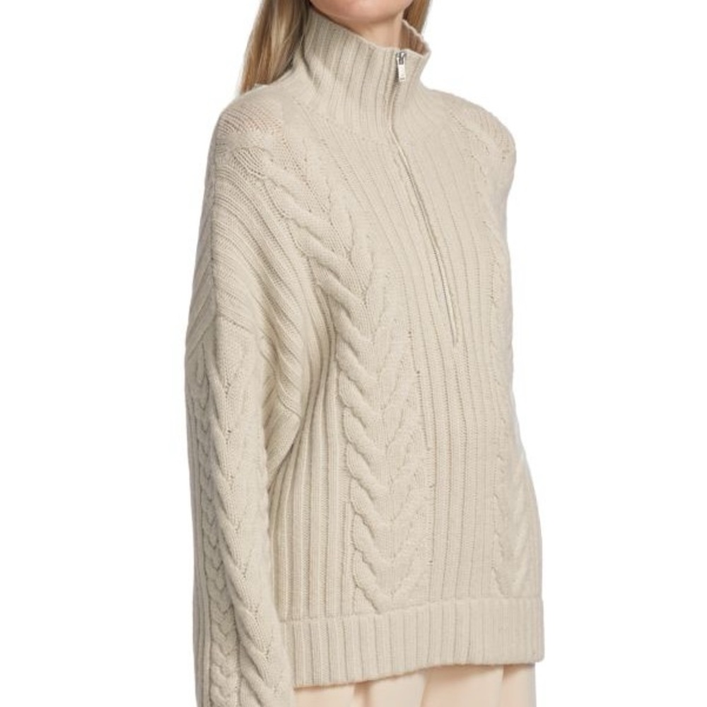 SOLD NAADAM Wool-Cashmere Open-Back Cable Quarter-Zip Taupe Linen Sweater NEW - Picture 2 of 10